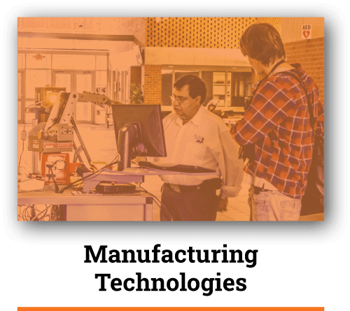 student talking to professor in front of robotic arm with orange overlay